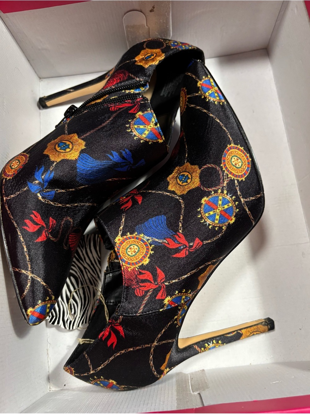 Black Satin Stiletto Booties with Red & Blue Floral Chain Print
